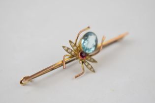 9ct gold bar brooch in the form of a spider set with pearls and similar stones, 3.3 grams, 58mm