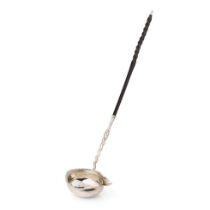 Antique silver punch ladle with ebonised wooden handle, hallmarks rubbed, believed Georgian, 37cm