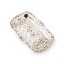 Hallmarked silver heavily embossed pin tray with a romantical scene of a gentleman playing music for