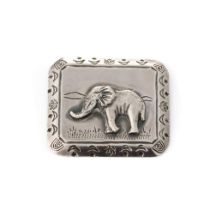 South Africa sterling silver brooch with an embossed elephant, 16.9 grams, 47mm wide.