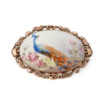 C Gresley hand painted miniature oval brooch with a peacock amongst foliage, in 9ct gold mount, 60mm