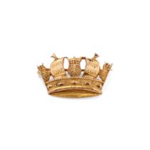 9ct gold brooch in the form of a royal crown formed with galleons, 2.5 grams, 25mm wide.