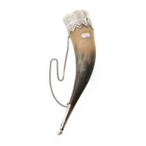 Late 19th / 20th century Russian silver mounted drinking horn with engraved decoration, on white
