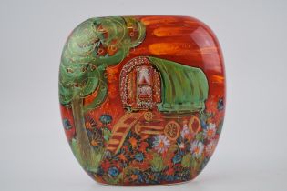Anita Harris Art Pottery 1/1 purse vase, decorated with a Gypsy Caravan, 20cm tall, signed by