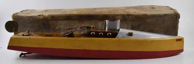 Bowman Models 'Snipe' Steam Boat, live steam vintage toy in original box. Wooden boat with aluminium