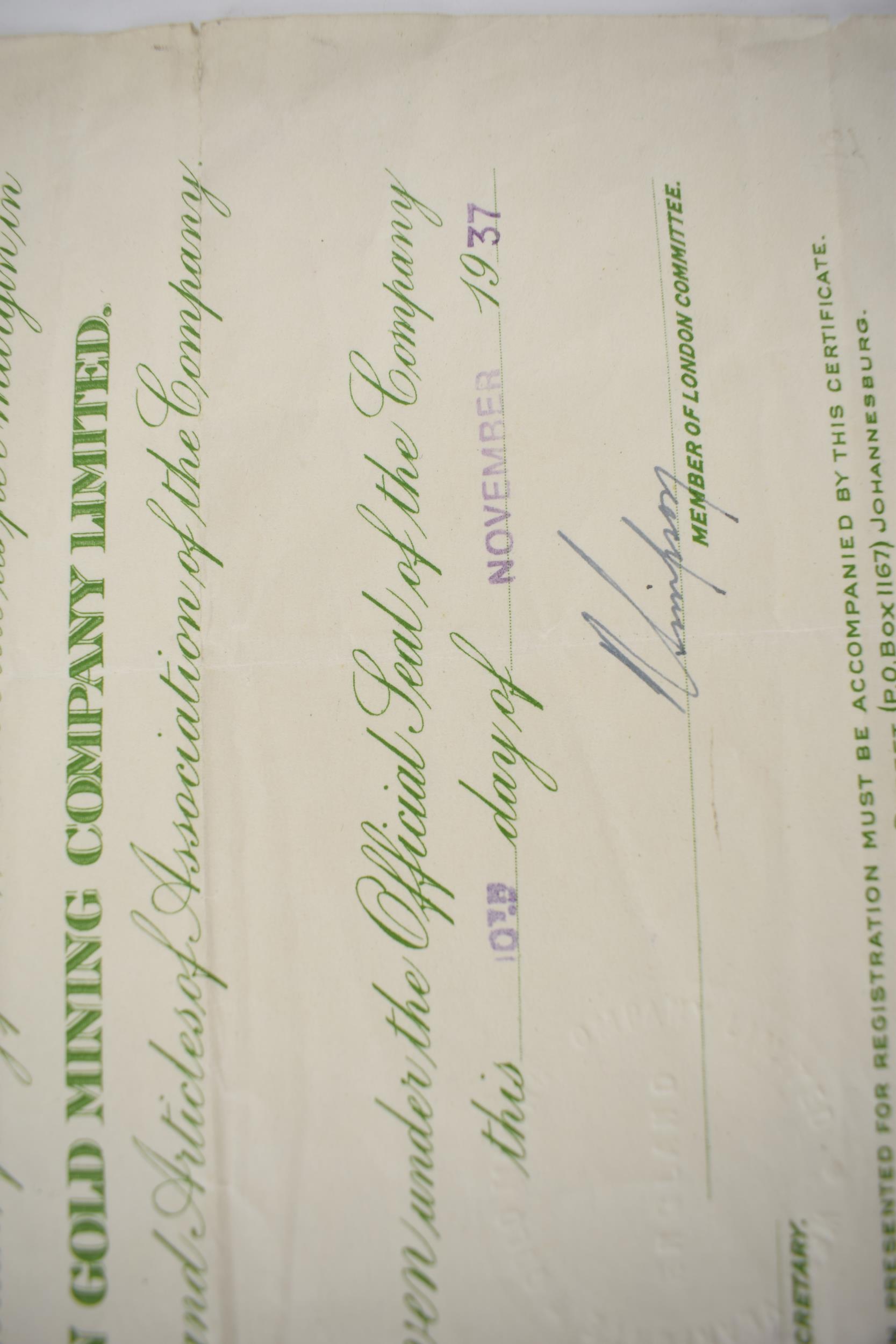 A WEST VLAKFONTEIN Gold Mining Company Limited Shares Certificated dated 10th November 1937. - Image 3 of 4