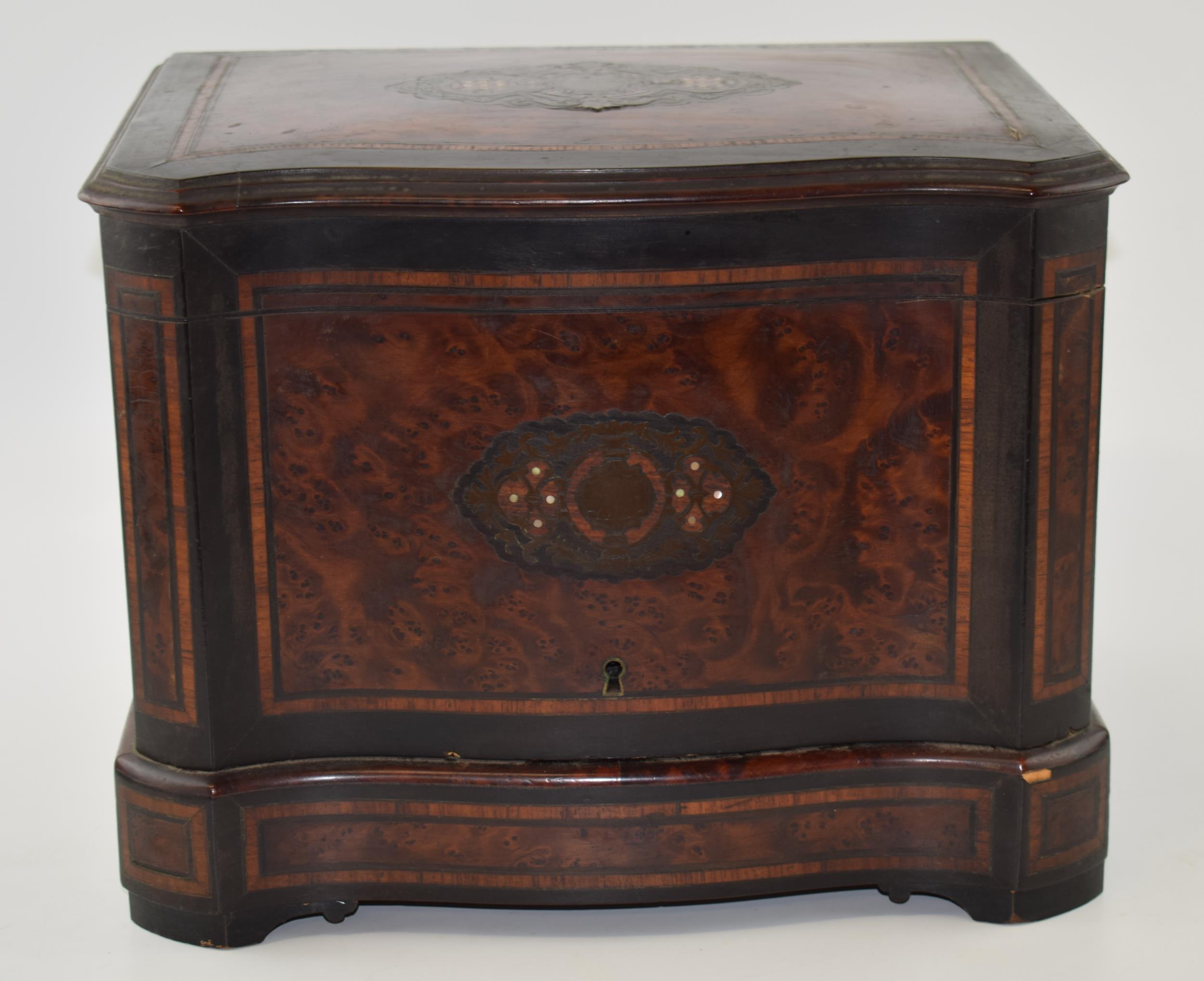 Late 19th century burr walnut cigar cabinet with Mother of Pearl inlaid decoration, with 5 shelves