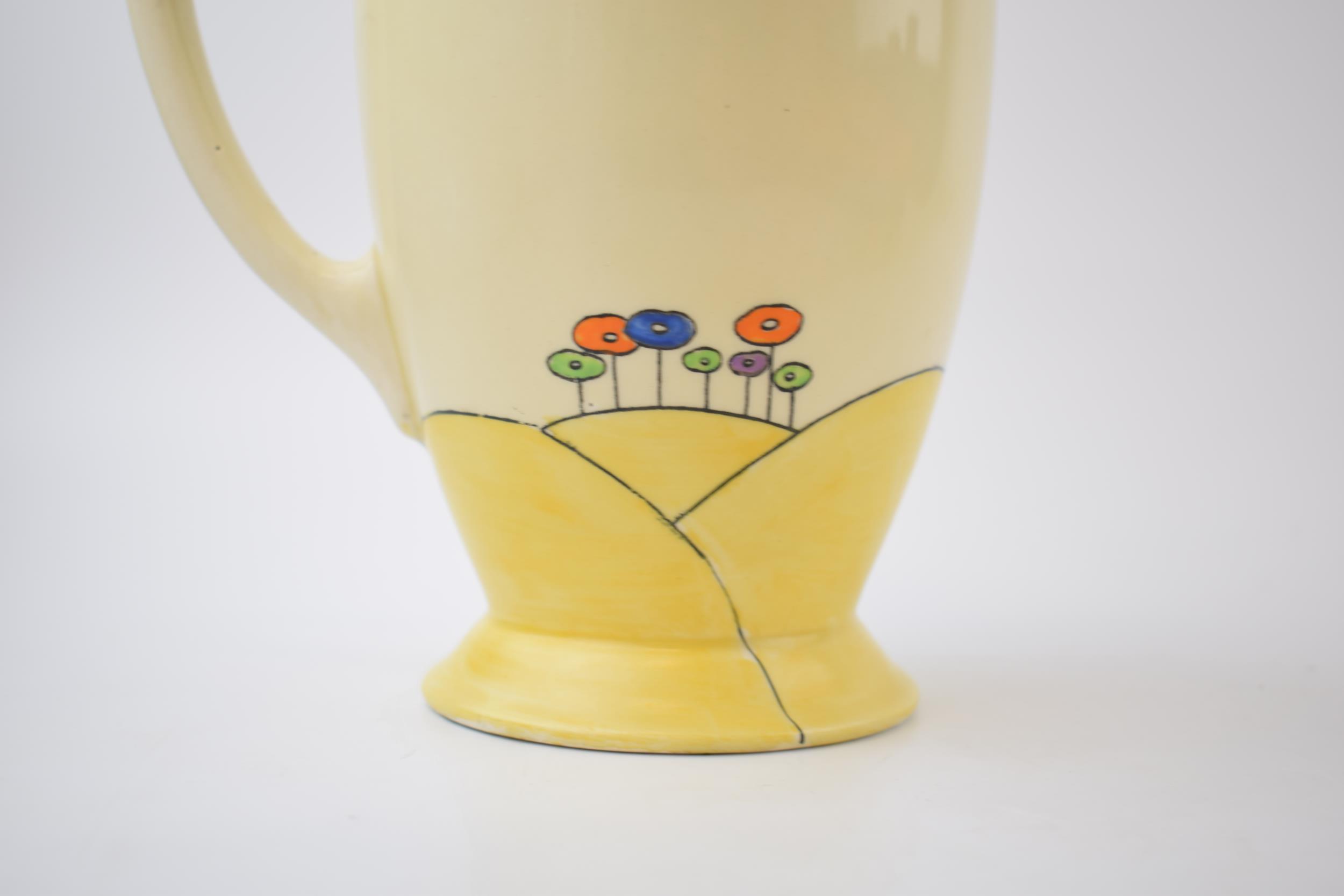 Clarice Cliff water jug in the 'Woodland' pattern, 20cm tall, printed marks to base. Displays - Image 3 of 7