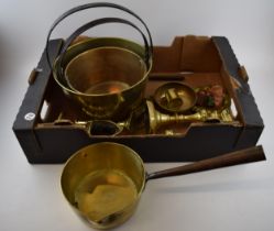 A mixed collection of brass items to include graduated kitchen pans and similar items. (Large tray).