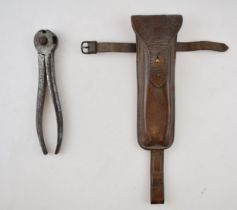 Military type wire cutter WWI era, private purchase. With original leather holder likely for