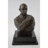 Bronze bust of Pablo Picasso, mounted onto black marble base, signed 'Milo', 34cm tall. Very heavy -