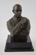 Bronze bust of Pablo Picasso, mounted onto black marble base, signed 'Milo', 34cm tall. Very heavy -