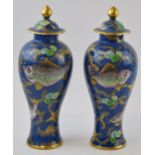 A pair of New Chelsea Staffs lidded urns with fish decor and gilded decoration, 26cm tall (2 - 1