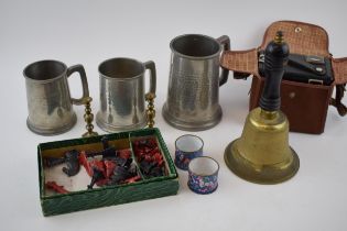 Mixed items to include a lead black and red chess set, a cased Kodak camera, pewter hammered