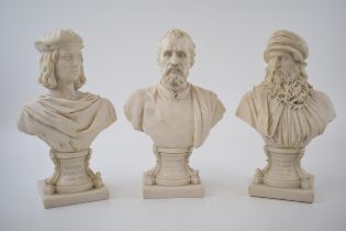 A trio of stone effect figural busts depicting Michelangelo, Raphael and Leonardo Da Vinci (3),