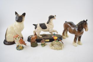 Beswick to include a brown 818 shire, large Siamese cat, spaniel on base (chip to foot) with birds