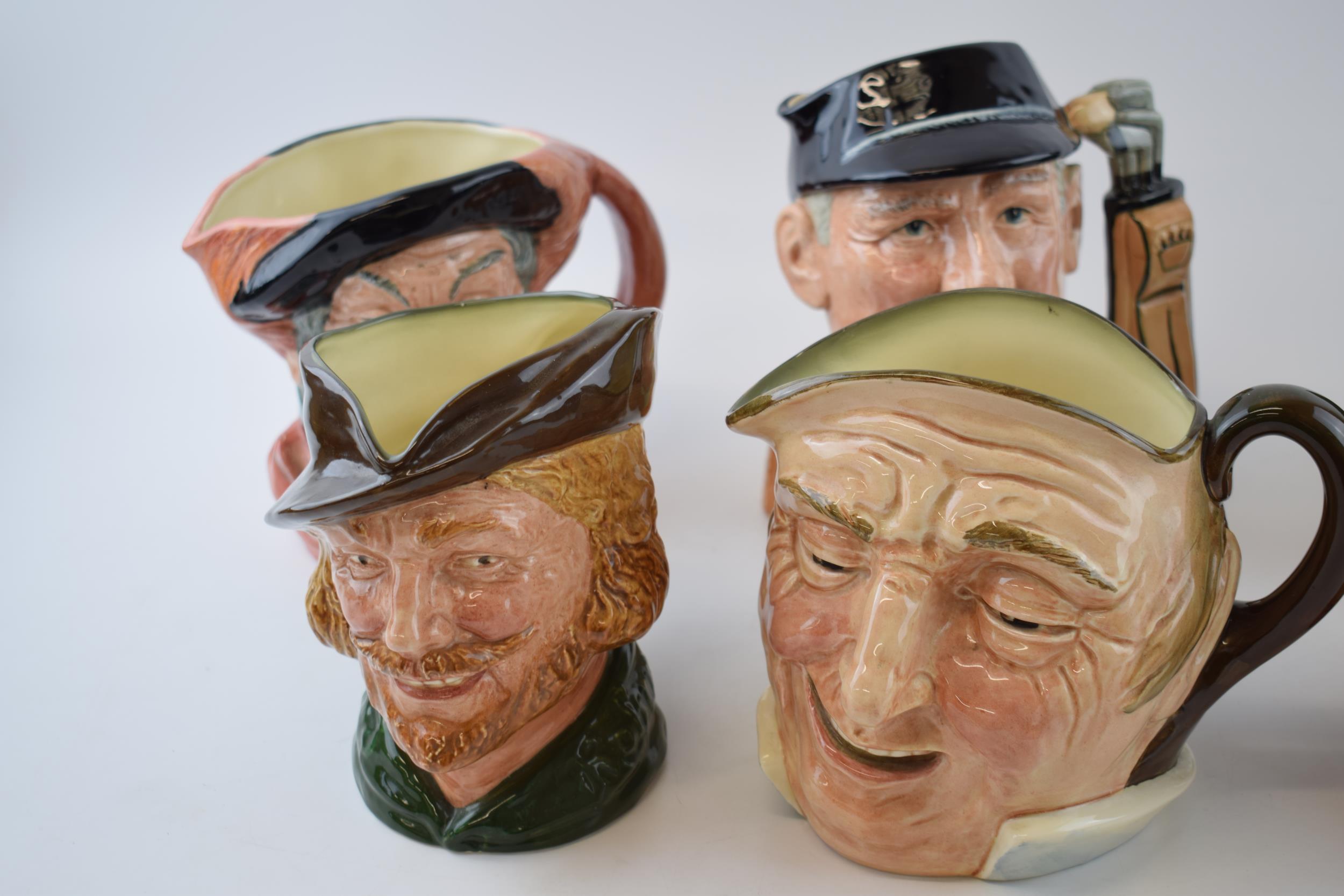 Large Royal Doulton character jugs to include Farmer John, the Golfer, Sam Weller and others (6). In - Image 3 of 3