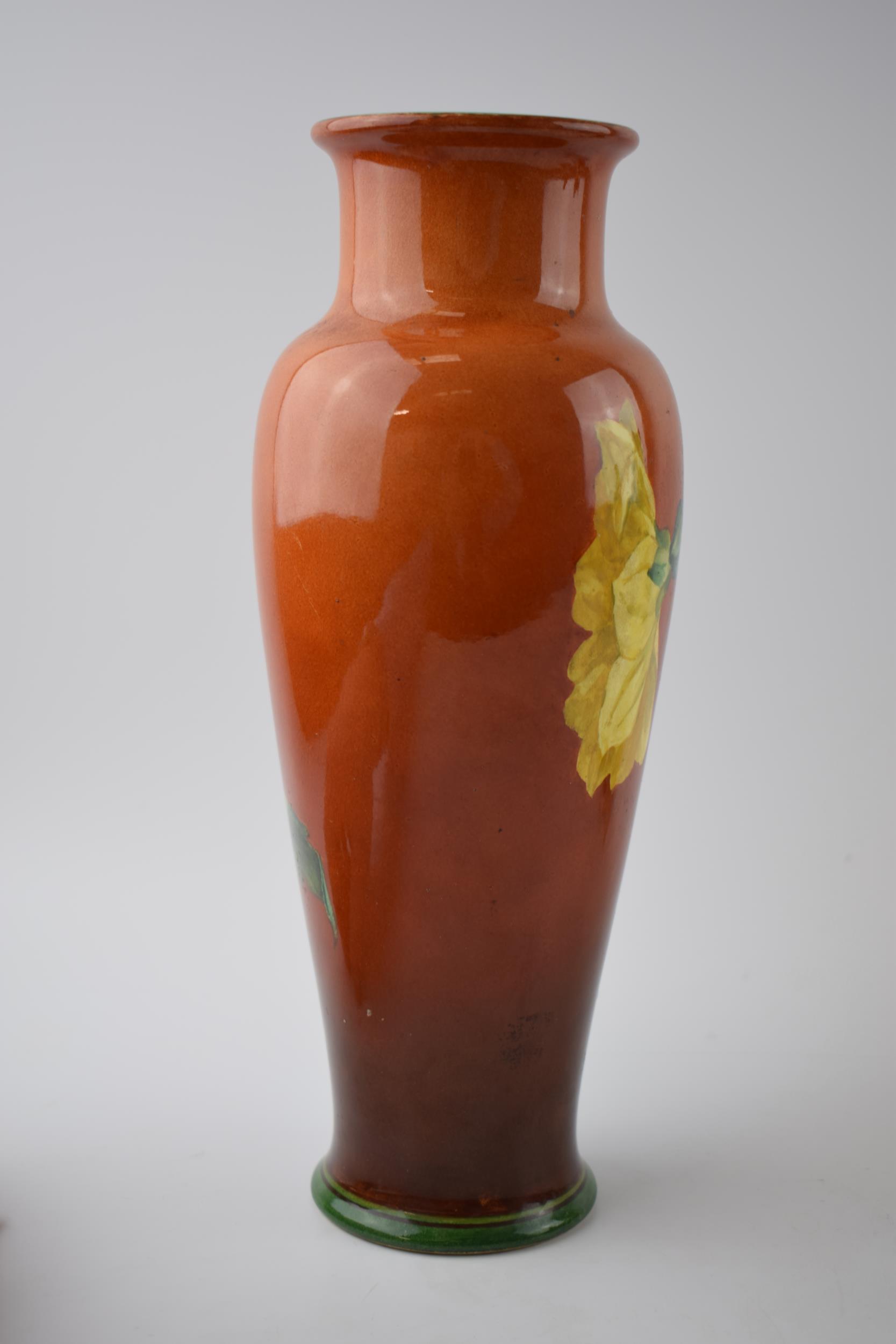 Doulton Lambeth Faience high-shouldered vase decorated with Daffodils on red / deep orange - Image 3 of 4