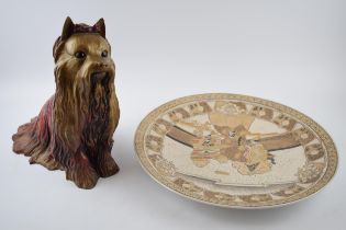 A large Japanese Satsuma charger, 42cm diameter, with a Northlight model of a Yorkshire Terrier (2),