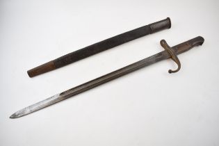 19th century bayonet with wooden and metal handle with scabbard, 59cm long. Scabbard doesnt quite