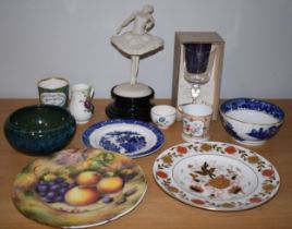 Mixed ceramics to include a Budd fruit scene plate, a stoneware studio bowl in green glaze, a