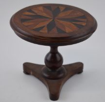 Edwardian apprentice inlaid mahogany miniature tilt-top tripid table, 15cm diameter. In good
