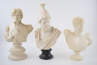 A trio of soft stone / stone effect figural busts to include Lord Nelson, a Centurion and a Roman