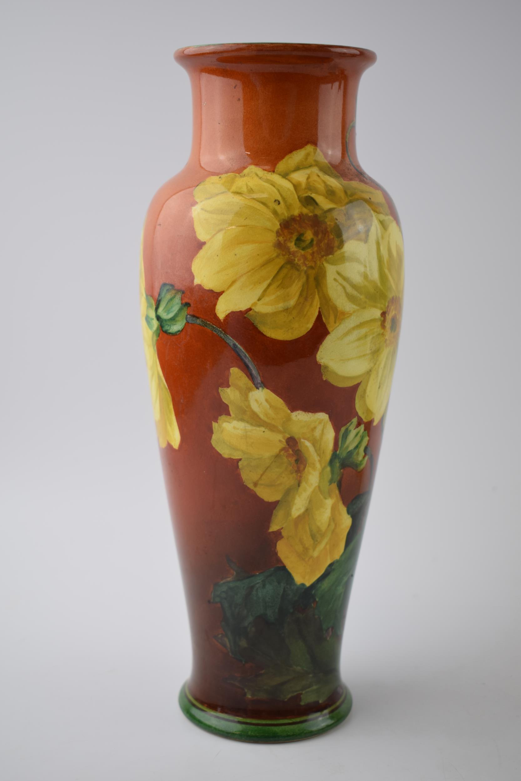 Doulton Lambeth Faience high-shouldered vase decorated with Daffodils on red / deep orange - Image 2 of 4