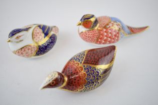 Three Royal Crown Derby paperweights, Pheasant, Coot, with gold stoppers and red Royal Crown Derby