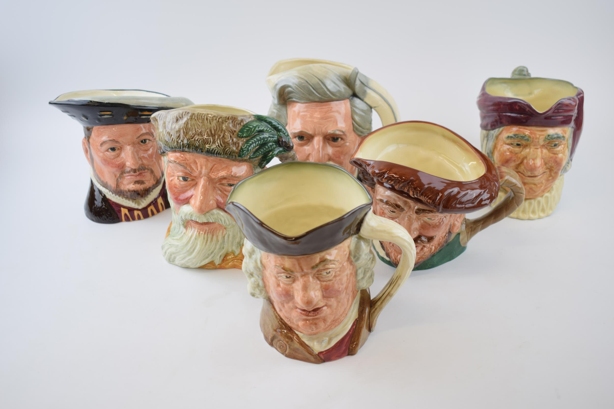 Large Royal Doulton character jugs to include Sam Johnson, Henry VIII, Robinson Crusoe and others (