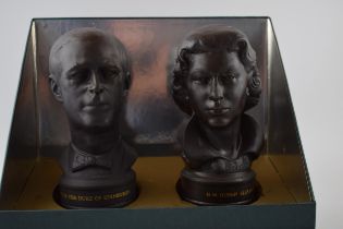 Boxed Wedgwood Black Basalt busts of Queen Elizabeth II and Prince Philip, commemorating their