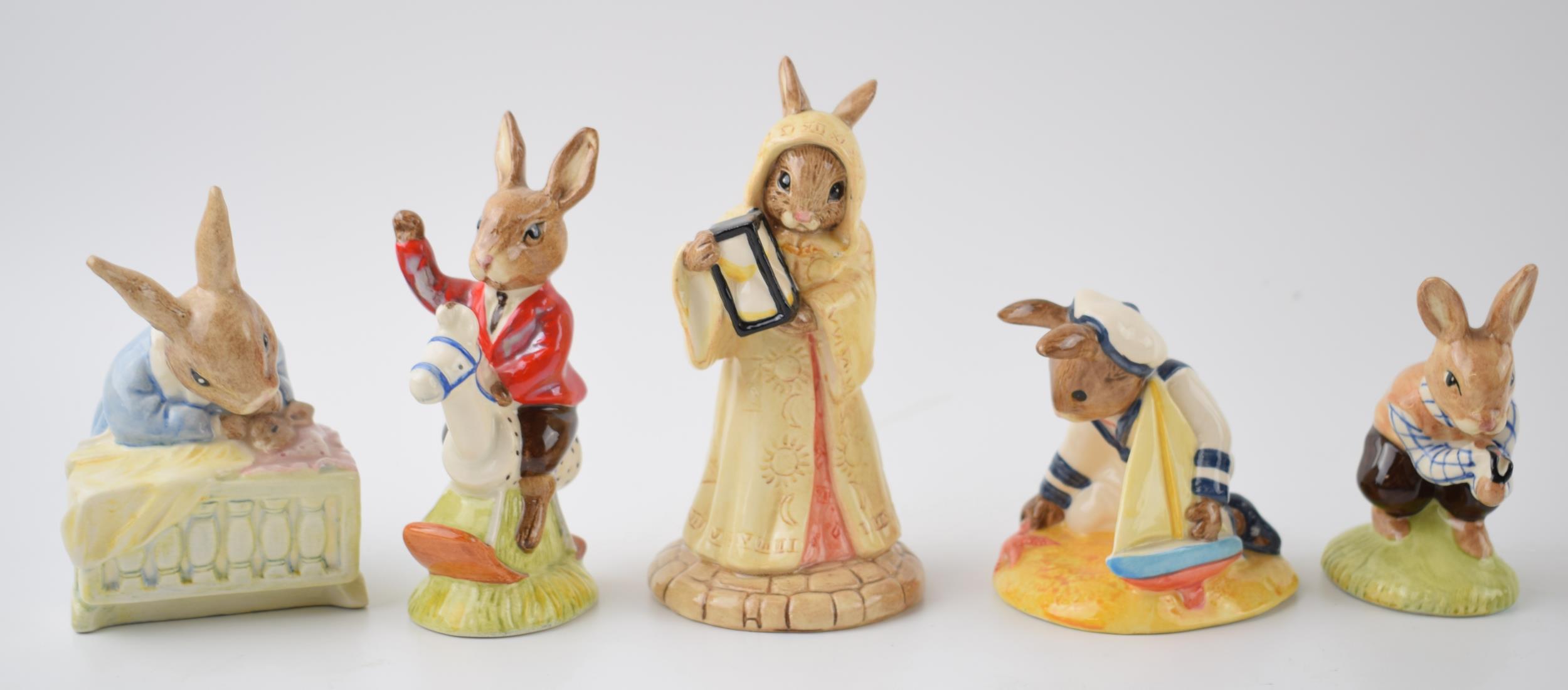 Boxed Royal Doulton Bunnykins to include William, New Baby, Tom, Sands of Time and Sailor (5). In