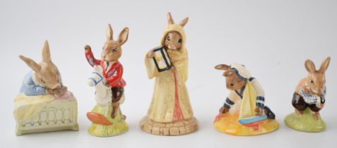 Boxed Royal Doulton Bunnykins to include William, New Baby, Tom, Sands of Time and Sailor (5). In