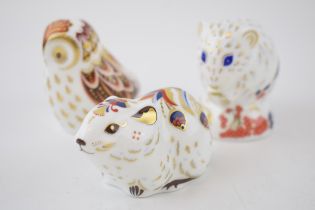 Three Royal Crown Derby paperweights, Owlet, Derby Dormouse and Bank Vole, all exclusive to the