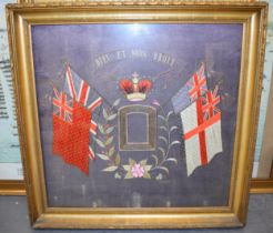 Victorian or later framed silk embroidery 'Dieu et Mon Droit' with floral decoration, in period gilt