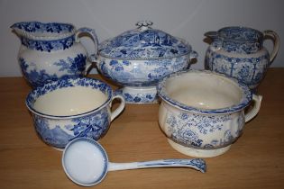 19th century blue and white pottery to include a Wedgwood tureen, a large jug, an Adams jug with 2