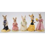 Boxed Royal Doulton Bunnykins to include Vicar, Cinderella, Flamenco, Polly and Cook (5). In good