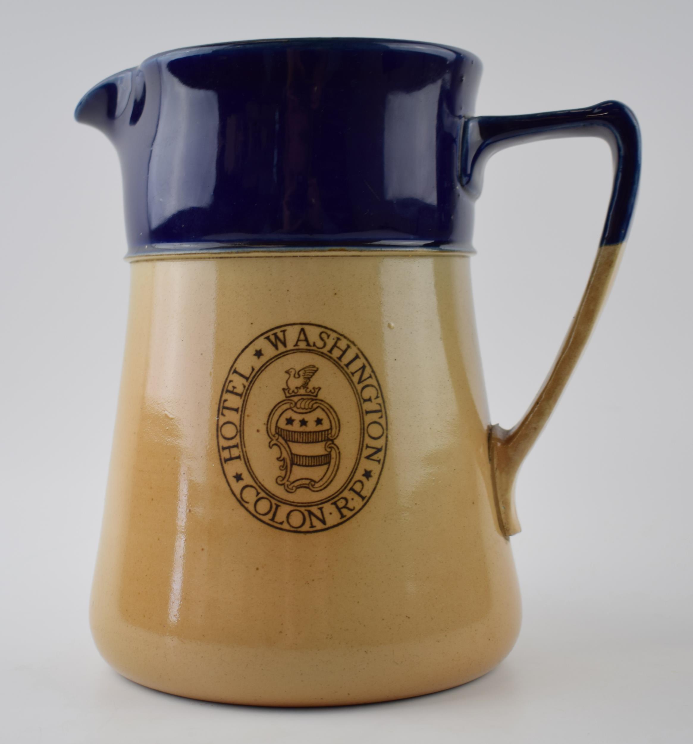 Royal Doulton advertising jug, in two tone colours, Hotel Washington Colon RP, 22cm tall. In good