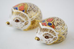 Two Royal Crown Derby paperweights, Hawthorn (Mother) Hedgehog and Bramble (Baby) Hedgehog, both