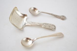 Victorian silver caddy spoon, scroll design to handle, Birm 1842, with 2 silver mustard spoons,