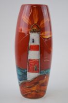 Anita Harris Art Pottery skittle vase, decorated with a Lighthouse, 26cm tall, signed by Anita,