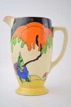 Clarice Cliff water jug in the 'Woodland' pattern, 20cm tall, printed marks to base. Displays