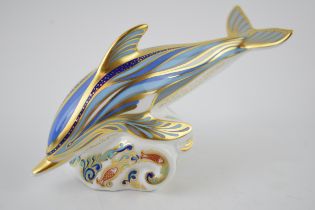 Boxed Royal Crown Derby Paperweight Striped Dolphin, first quality with gold stopper. In good