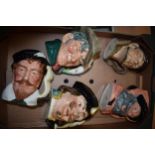 Large Royal Doulton character jugs to include Johnny Appleseed, Sir Francis Drake, The Poacher and