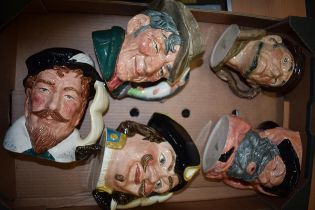 Large Royal Doulton character jugs to include Johnny Appleseed, Sir Francis Drake, The Poacher and