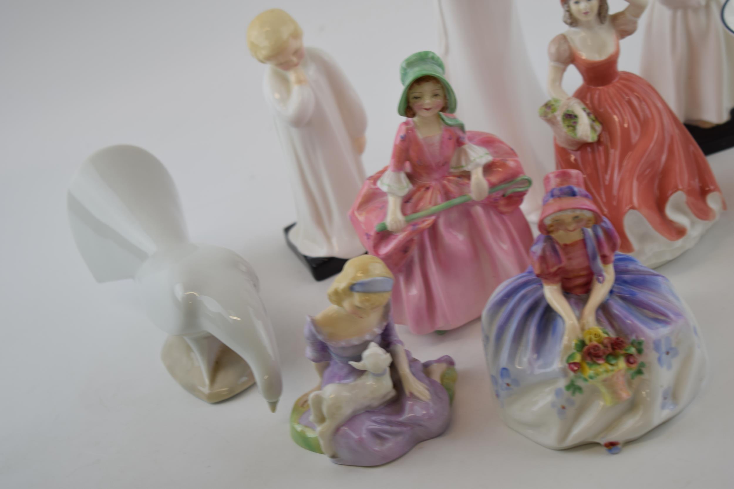 Royal Doulton lady figures to include Monica, Little Bo Peep, Mary Had a Little Lamb (1 ear af), - Image 4 of 5