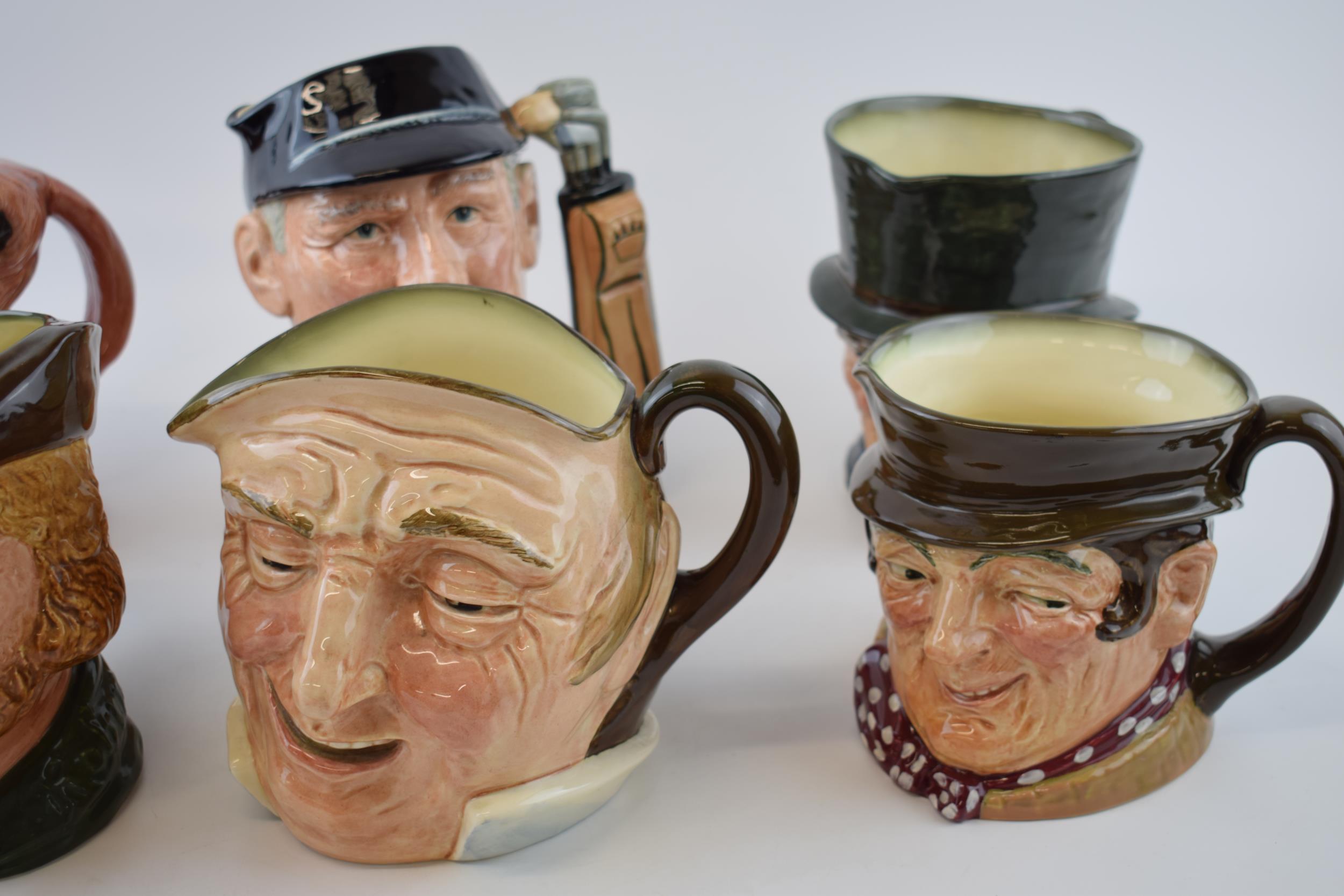 Large Royal Doulton character jugs to include Farmer John, the Golfer, Sam Weller and others (6). In - Image 2 of 3