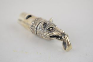 Sterling silver antique style fox head hunting whistle, 45mm long. Missing interior pea / ball so