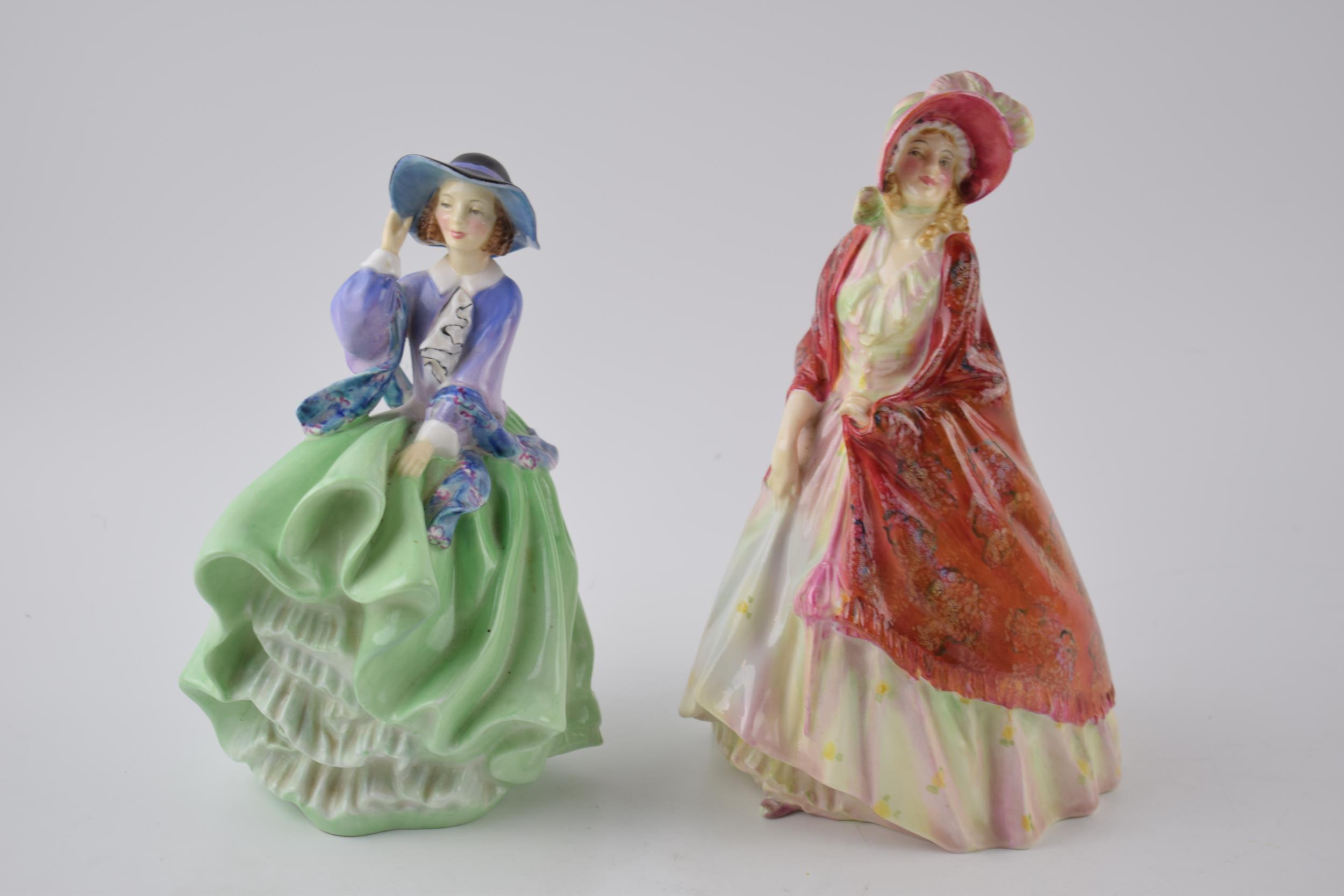 Royal Doulton figurines to include The Paisley Shawl HN1392, Top o'the Hill HN1833 in green - Image 2 of 3