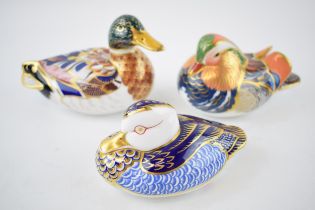 Three Royal Crown Derby paperweights, Mandarin Duck, 12cm, silver stopper, Mallard, 15cm long,